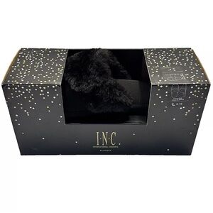 INC Slippers L 9/10 Black Satin Faux Fur Slip On Slides Soft Comfort Foam New